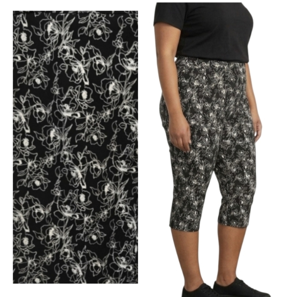 Premise Floral Capri Pants 3X 3XL Pull On Stretchy Capris Cropped Rose Print